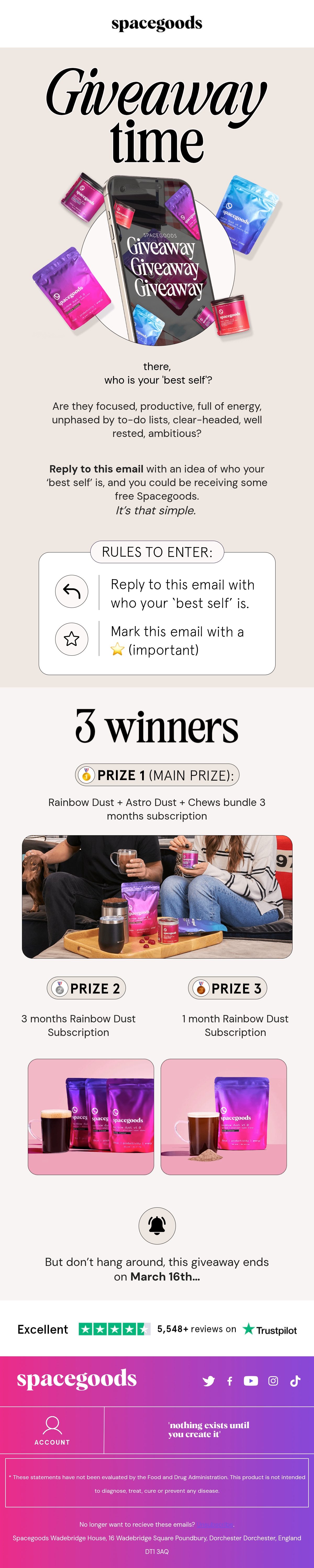 Spacegoods giveaway email asking subscribers to reply with a description of their best self