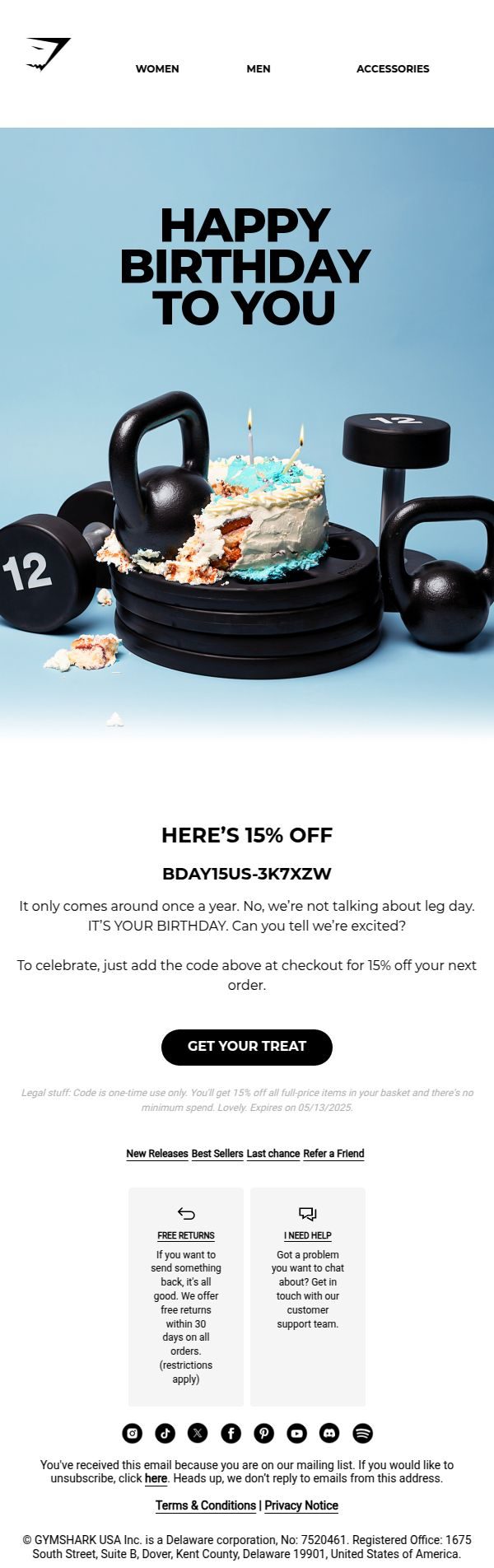 Gymshark birthday email