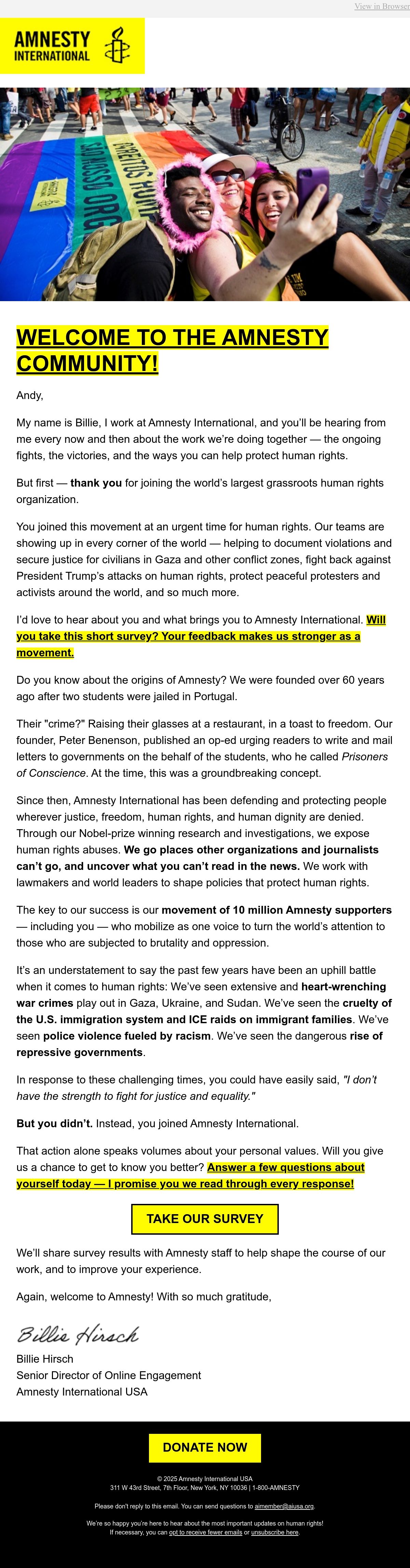 Billie for Amnesty nonprofit email
