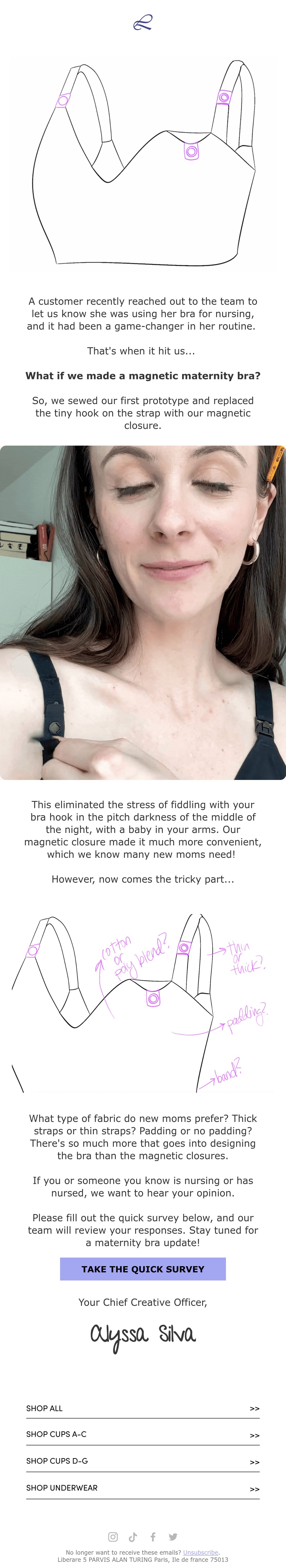 Liberare email explaining how customer feedback inspired a maternity bra concept