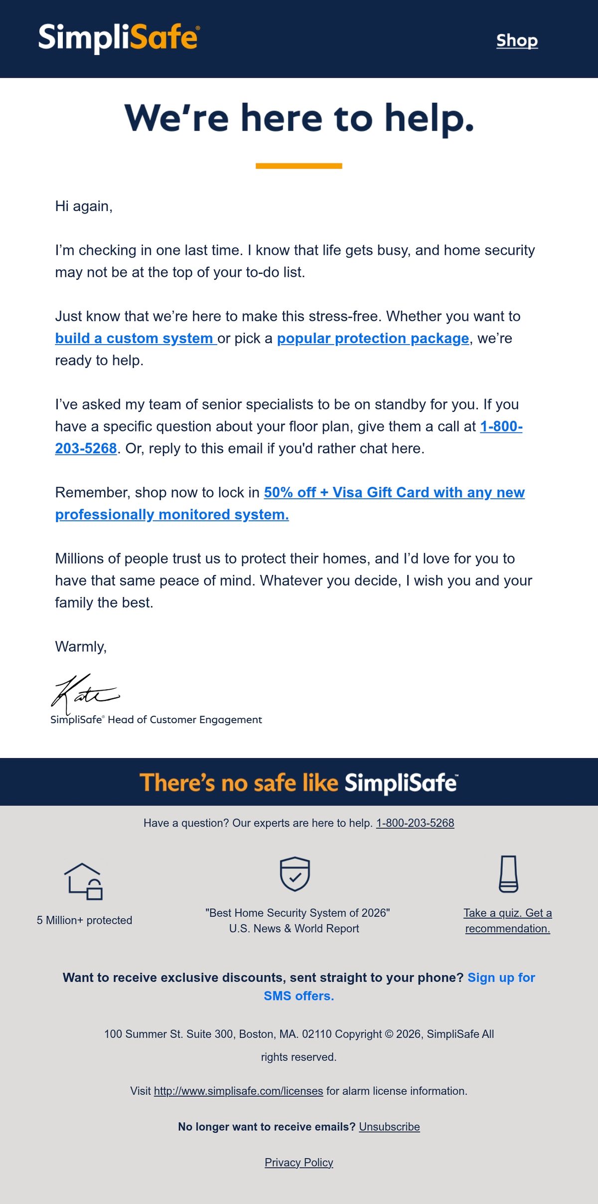 SimpliSafe email inviting customers to reply with questions about their floor plan