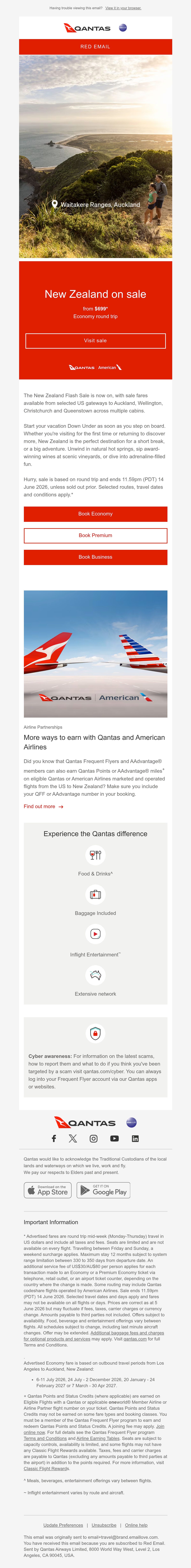 Qantas Red Email flash sale email