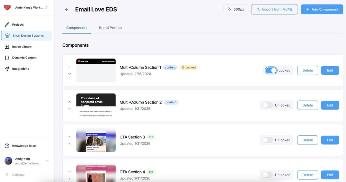 The Email Love Builder design system editor with locked and unlocked components