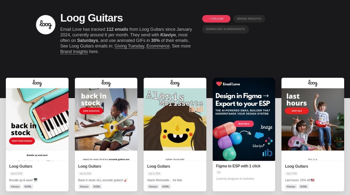 Loog Guitars brand page on Email Love with the red Follow button next to Brand Insights and Download Screenshots
