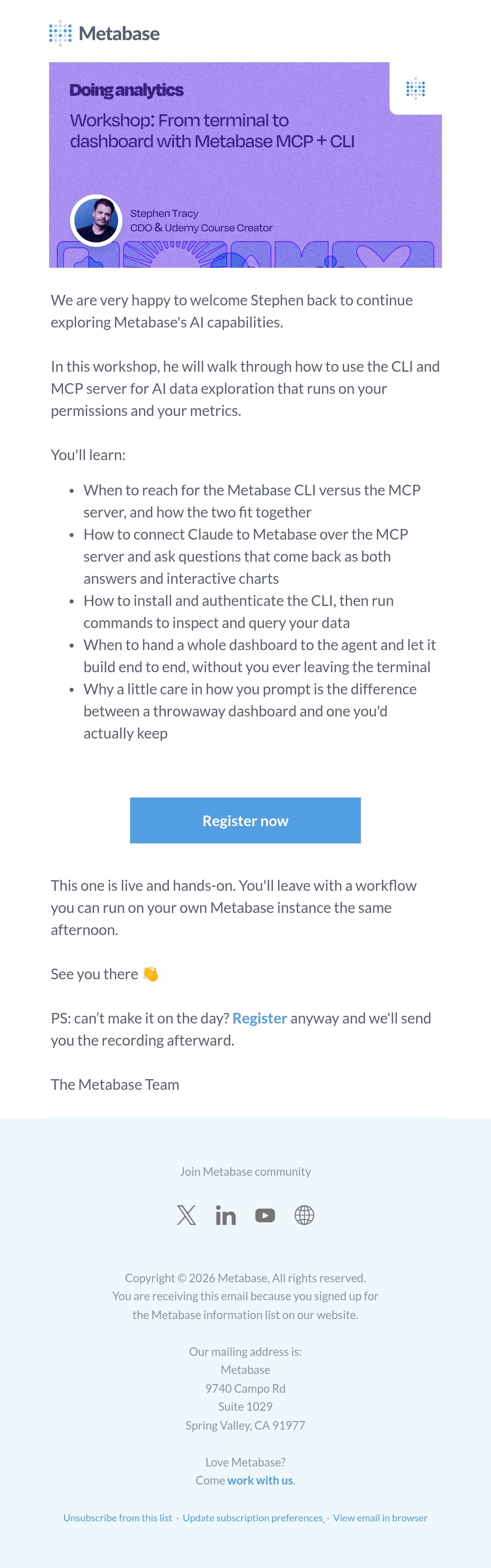 The Metabase team webinar email