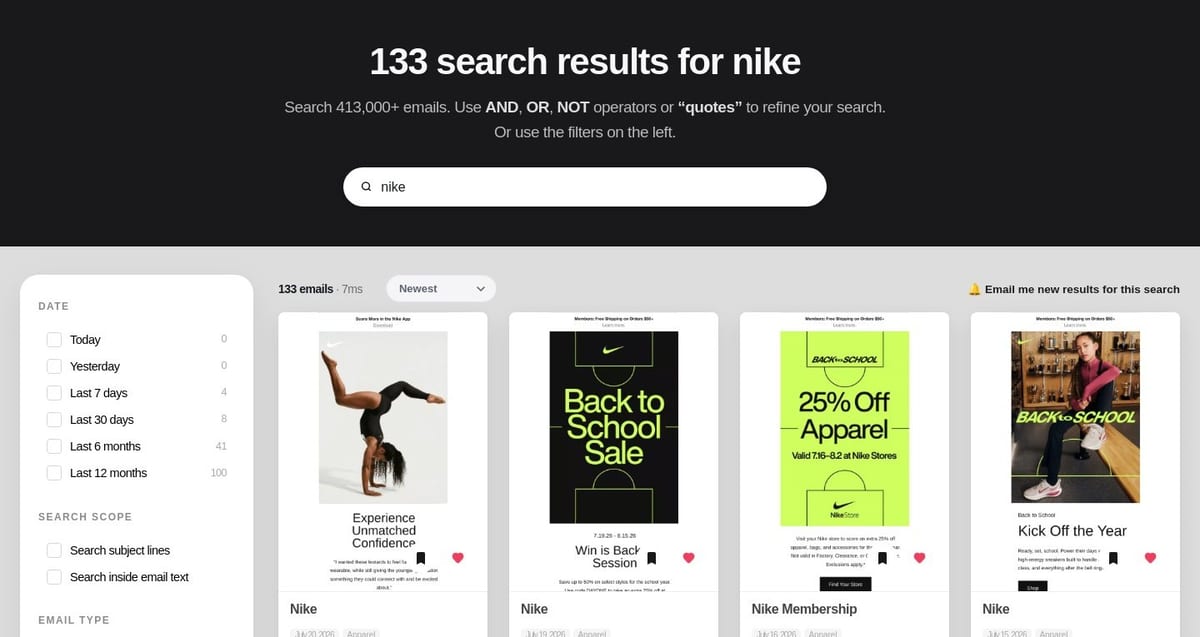 Hovering an email card in search results reveals like and save-to-collection buttons