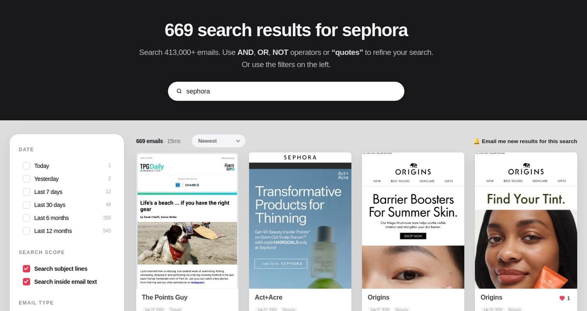 Search scope checkboxes ticked, expanding a Sephora search from brand emails to subject line and body text matches