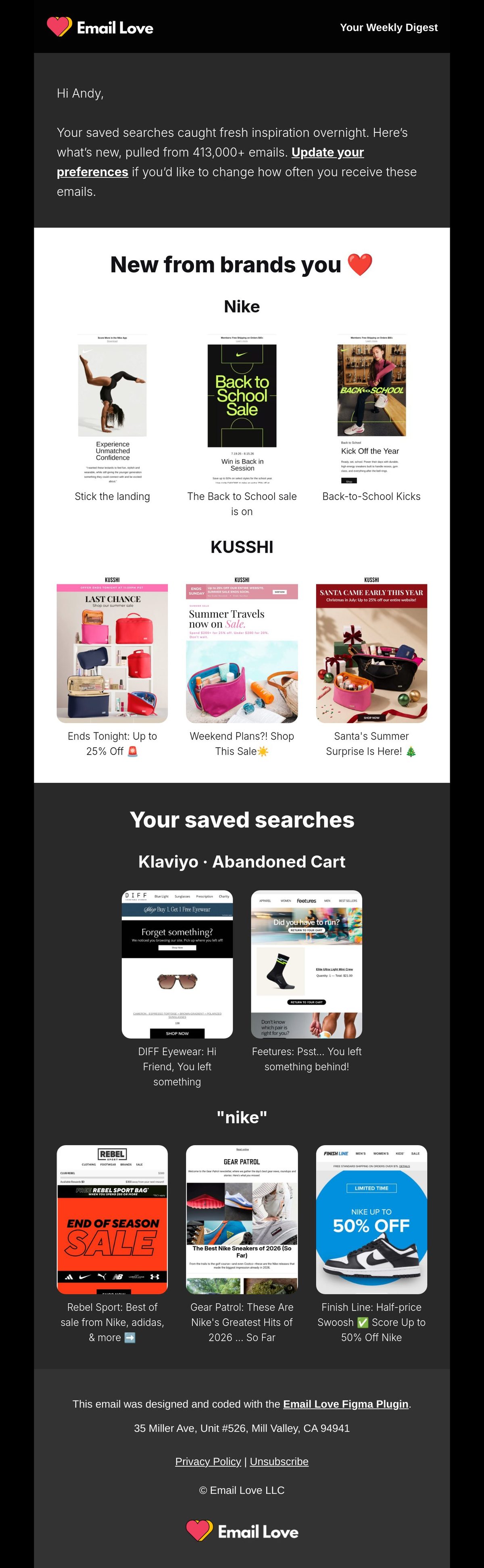 The Email Love weekly digest email showing new emails from followed brands Nike and KUSSHI plus saved search results in a card grid
