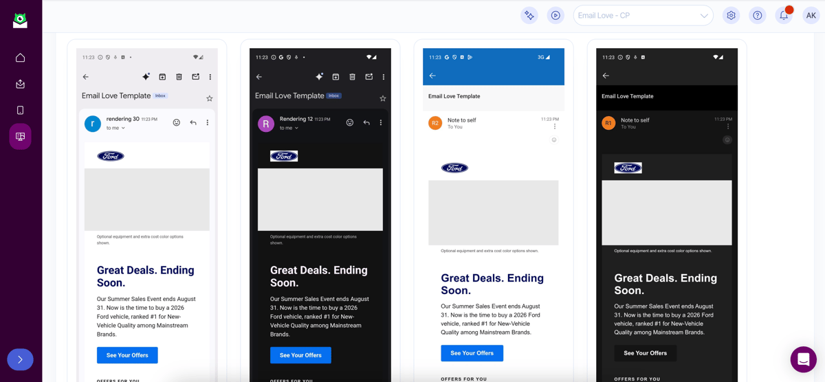 Inbox Monster previews of the Ford email across four mobile clients, showing the hero, headline and CTA button rendering consistently