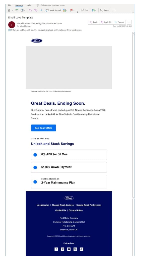 The Ford email rendering in Outlook 2021 on Windows, showing the header, hero, offer list, and footer intact