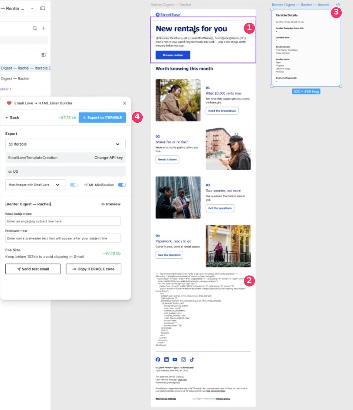 StreetEasy renter digest email in Figma, with the Email Love plugin exporting it to Iterable and the Iterable details frame beside it