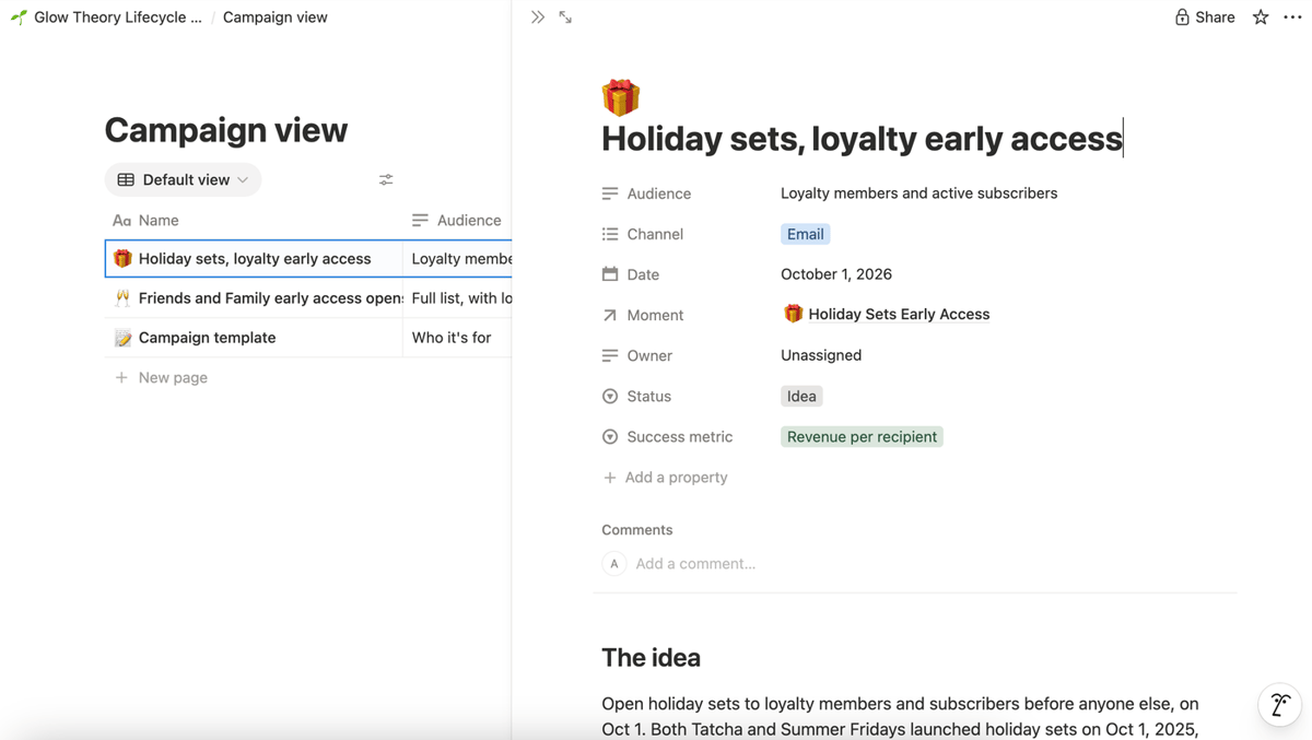 A Notion campaign linked to its moment, with the send date and idea grounded in competitive evidence