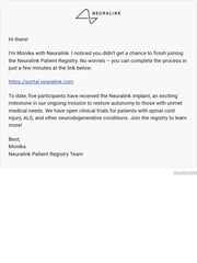 Email Inspiration from Neuralink Patient Registry