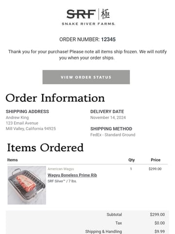 Snake River Farms Order Confirmation Email Design Thumbnail Preview