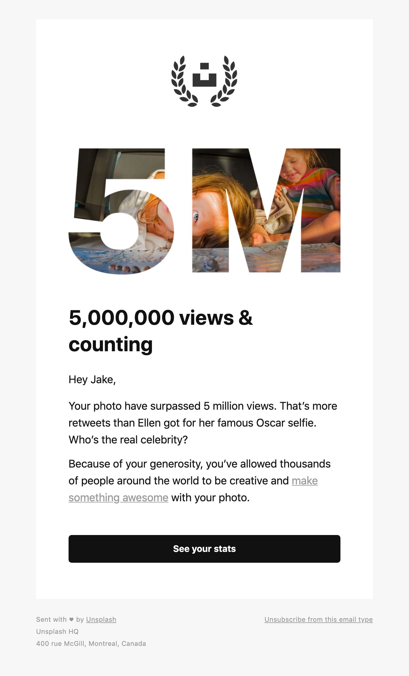 5,000,000 views on your Unsplash photos Email Screenshot