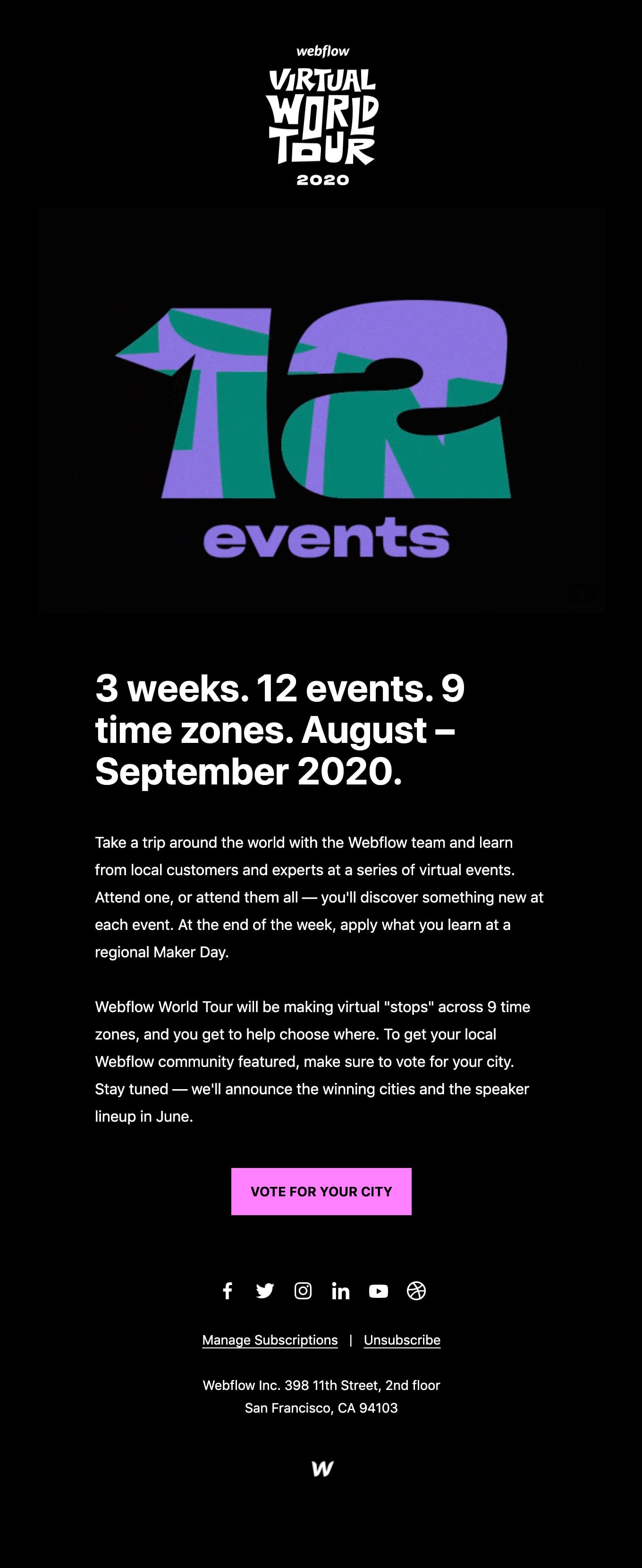 Announcing Webflow Virtual World Tour 2020 Email Screenshot